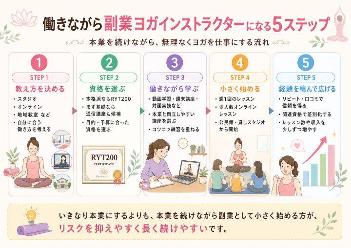 働きながら副業ヨガインストラクターになる5ステップを、資格選び・学び方・小さく始める流れでまとめた図解