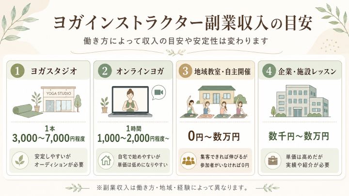 ヨガインストラクターの副業収入の目安を、ヨガスタジオ、オンラインヨガ、地域教室・自主開催、企業・施設レッスンの4つの働き方で比較した図解