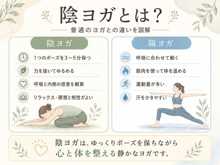 陰ヨガと陽ヨガの違いを比較した図解。陰ヨガは1つのポーズを3〜5分保ち、力を抜いてゆるめ、呼吸と内側の感覚を観察する静かなヨガである一方、陽ヨガは呼吸に合わせて動き、筋肉を使って体を温め、運動量が多いヨガであることを説明している。
