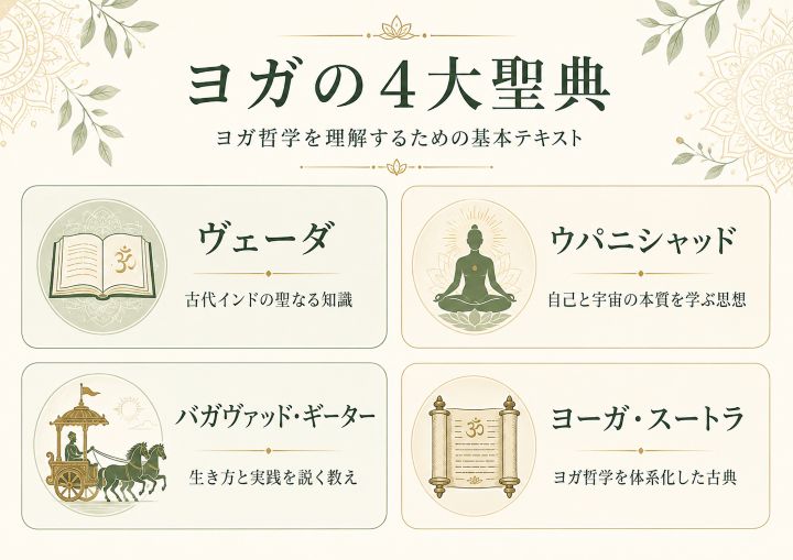 ヨガの4大聖典としてヴェーダ、ウパニシャッド、バガヴァッド・ギーター、ヨーガ・スートラを一覧でまとめた図解