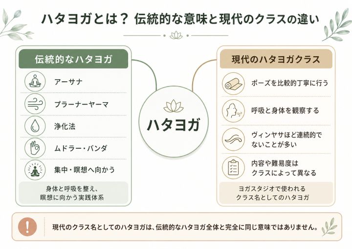 伝統的なハタヨガと現代のハタヨガクラスの違いを比較した図解